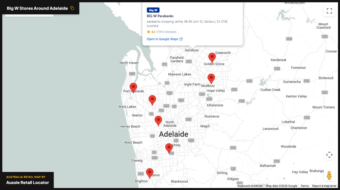 Big W store distribution across Adelaide