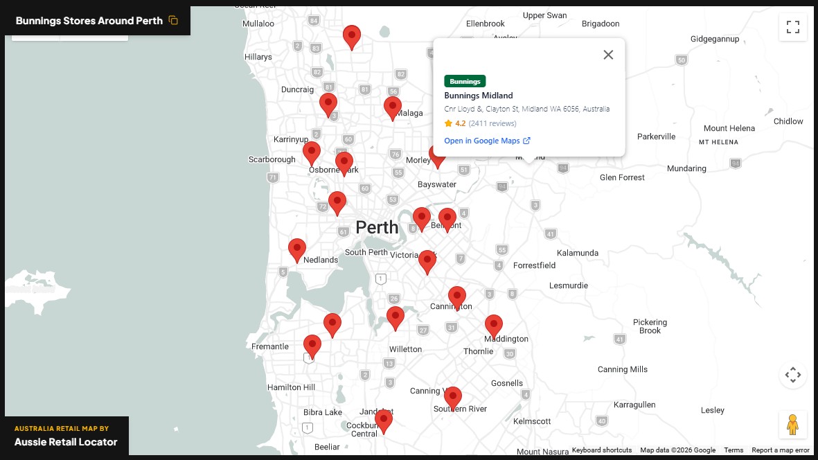 Bunnings store map in Perth
