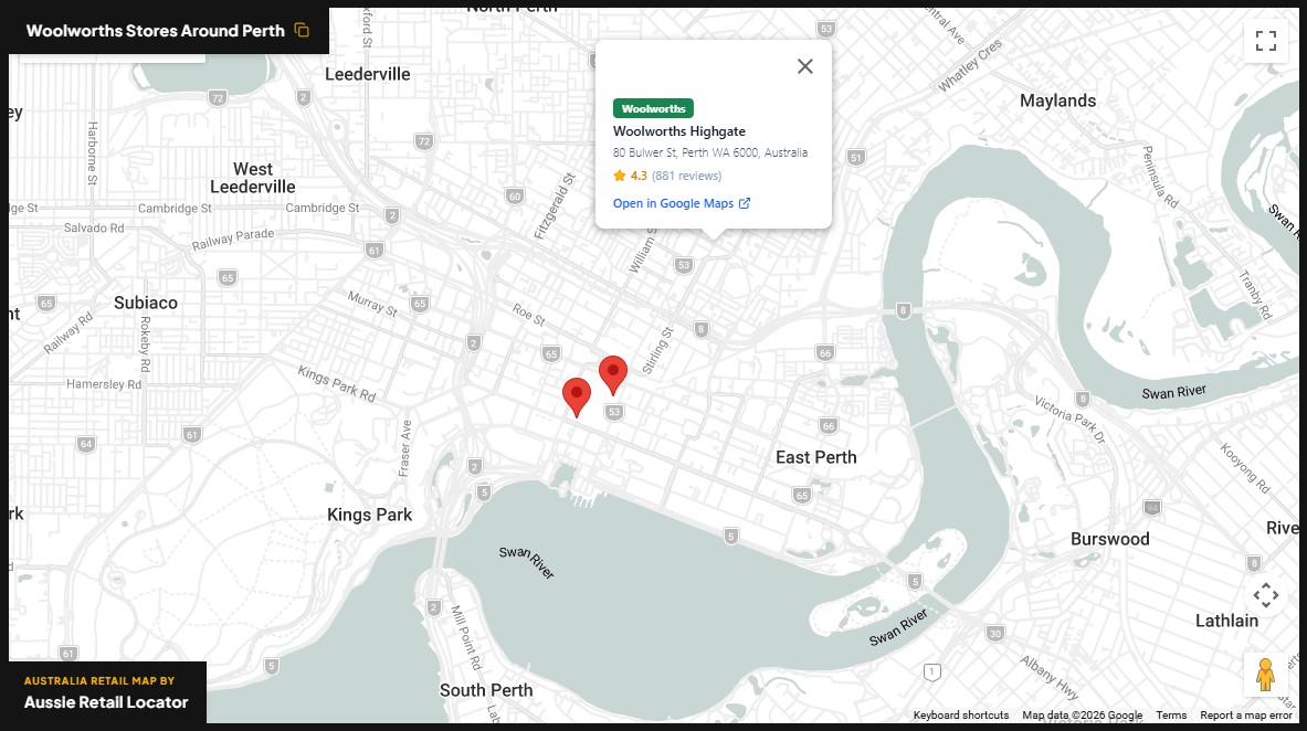 Woolworths store map in Perth