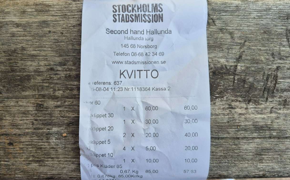 Exempelkvitto från Stockholms Stadsmission Second hand Hallunda