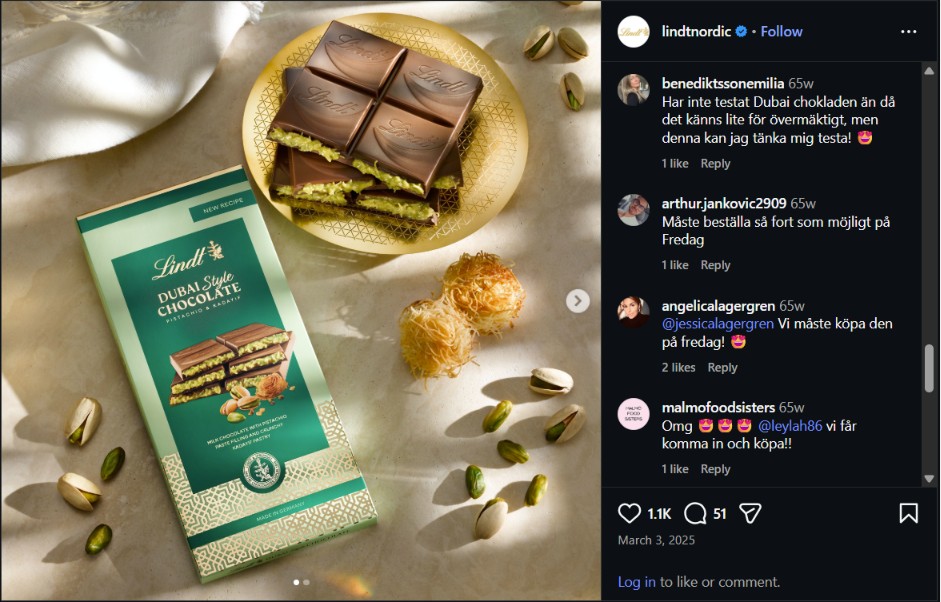Instagram comments about Lindt Dubai-style chocolate