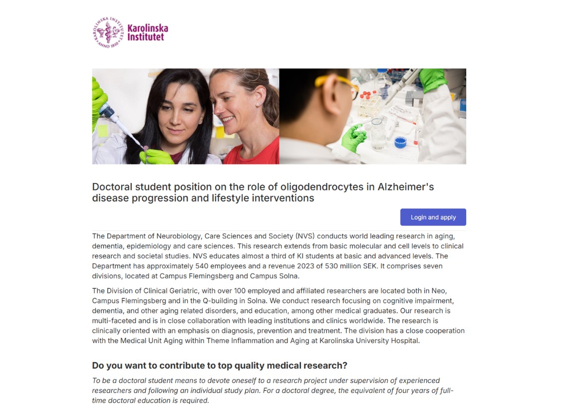 Oligodendrocytes myelination Alzheimer's PhD vacancy Karolinska