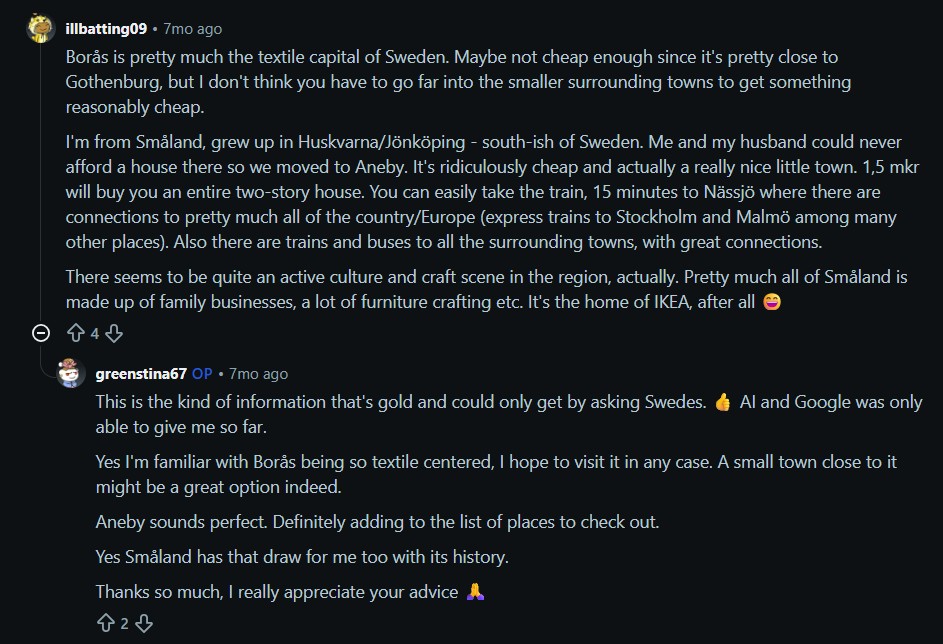 Reddit comment discussing moving to Borås and job opportunities