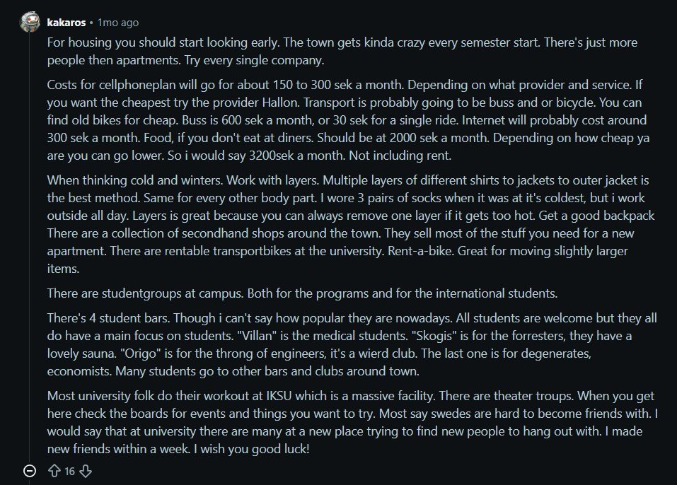 Reddit comment on student budget in Sweden