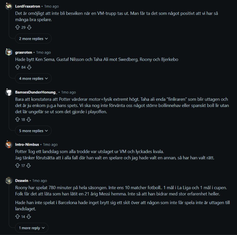 Reddit comment discussing the Sweden squad