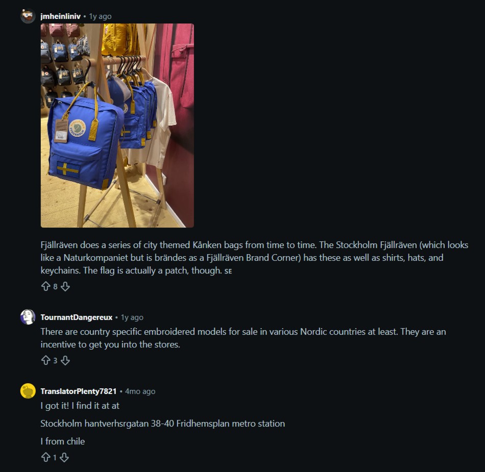 Reddit discussion about embroidered Sweden-flag Kånken backpacks