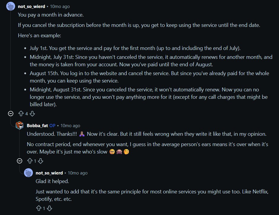Reddit discussion on Comviq cancellation