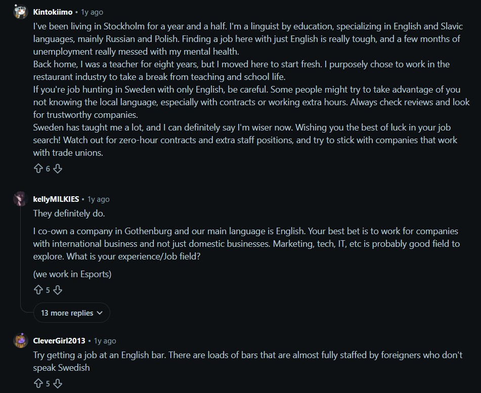 Reddit community discussion on English jobs in Sweden