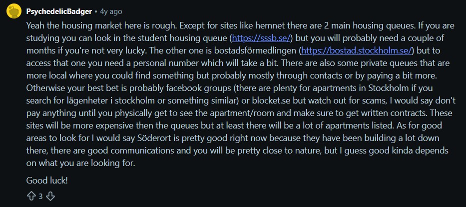 Reddit comment on finding homes for sale in Stockholm
