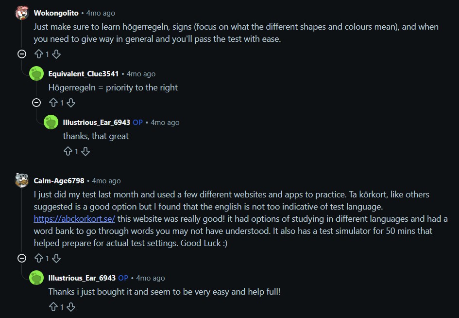 Reddit comment on taking the Swedish driving theory test