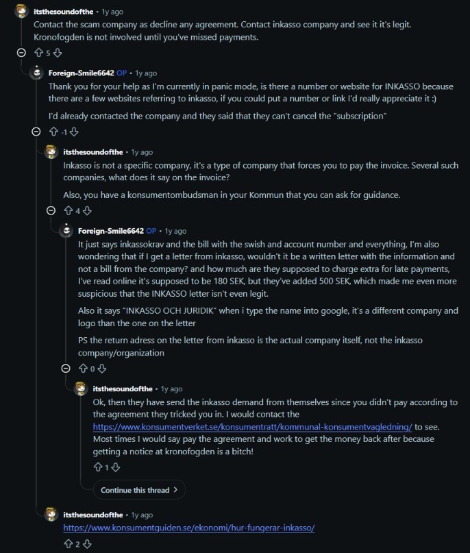 Reddit comments about Coeo Inkasso Comviq payment experience