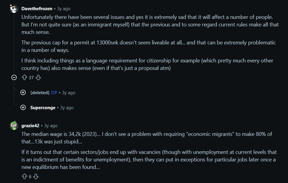 Reddit community discussion on Sweden's livelihood requirement for work permits