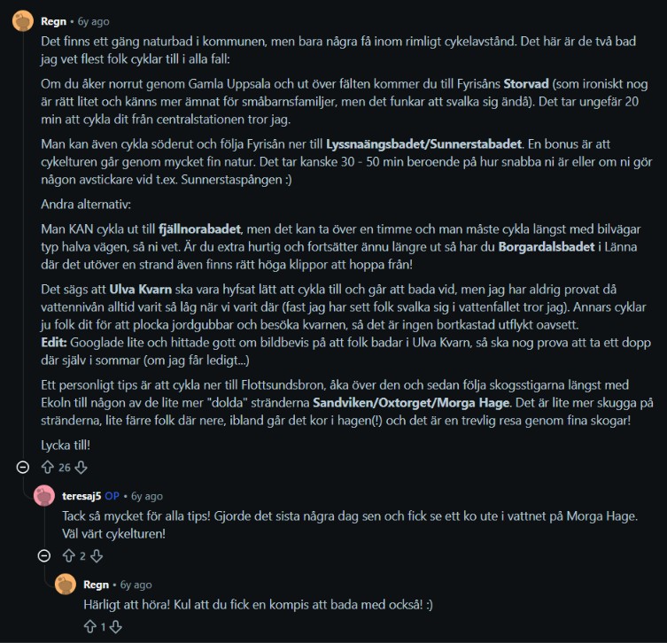 Reddit comments about natural swimming pools and outdoor spots in Uppsala