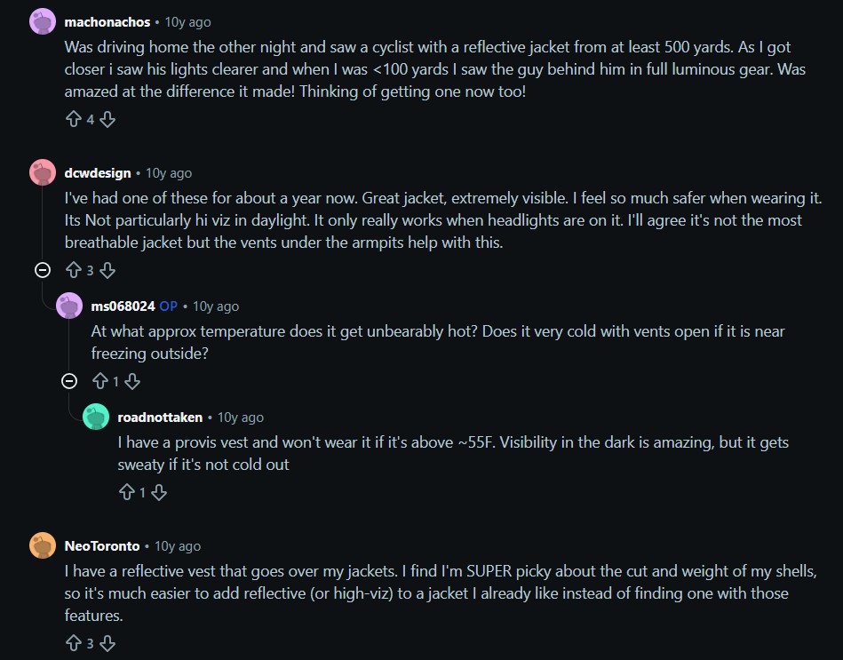Reddit community feedback on reflective jackets and vests
