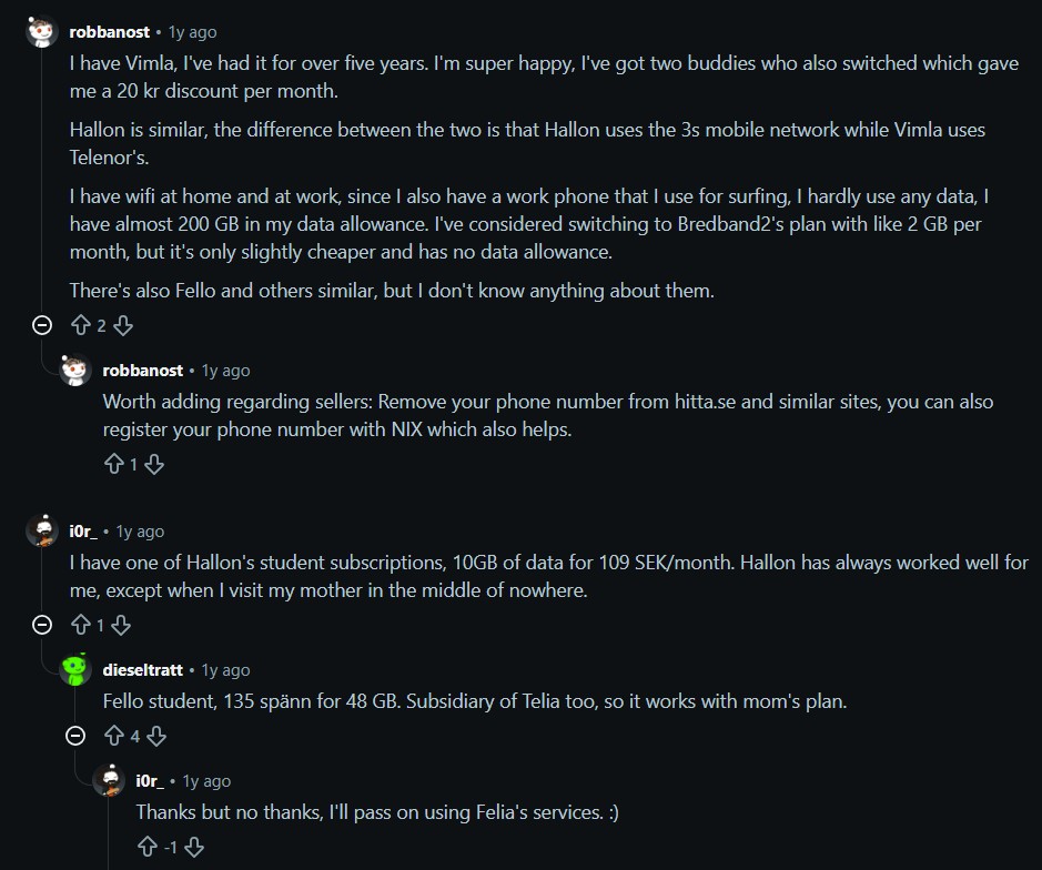 Reddit comment Sweden mobile plans comparisons 2026