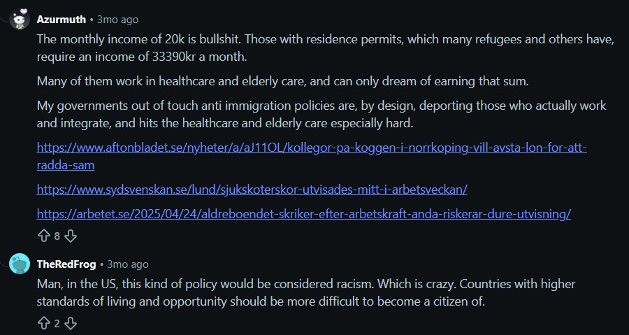 Reddit comment on Swedish citizenship income rules