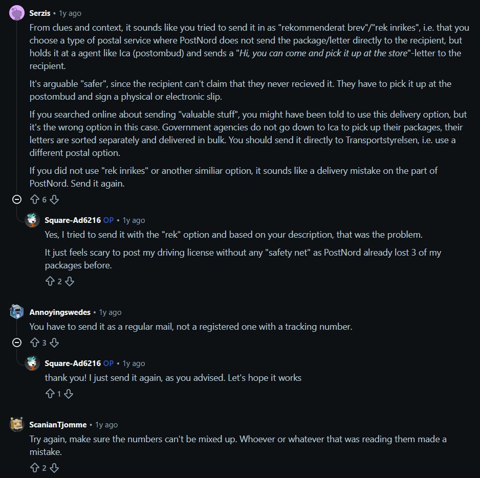 Reddit discussion highlighting a common misconception — some assume exchanging through another EU country is a workaround, but it is not a recognised shortcut in Sweden's system.