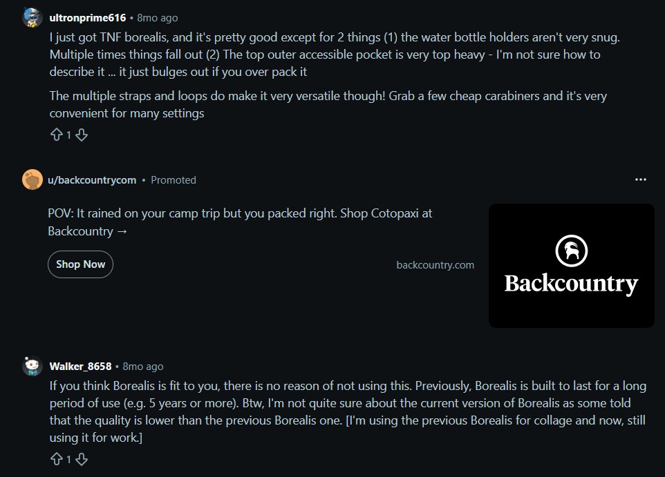 Reddit comment about The North Face Borealis
