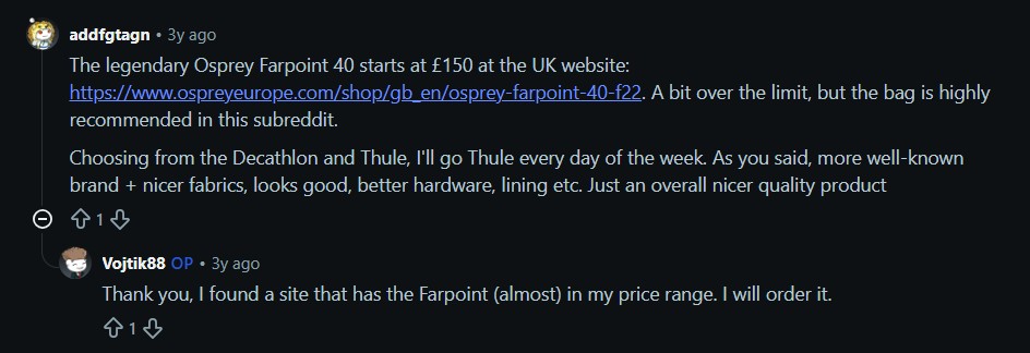 Reddit discussion comparing the Thule Landmark 40 with other travel bags