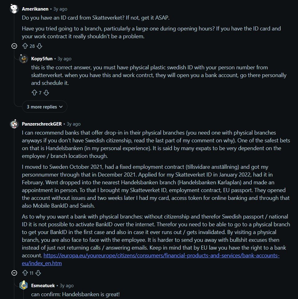 Reddit comment which Swedish bank works best for foreign residents