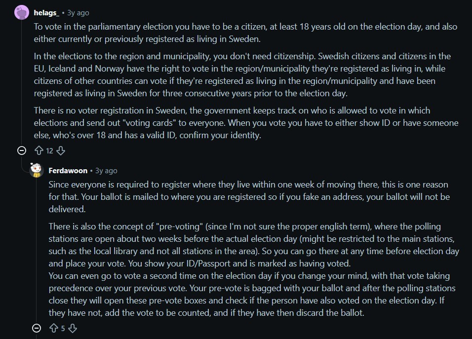 Reddit discussion on voting rights for foreign residents in Sweden