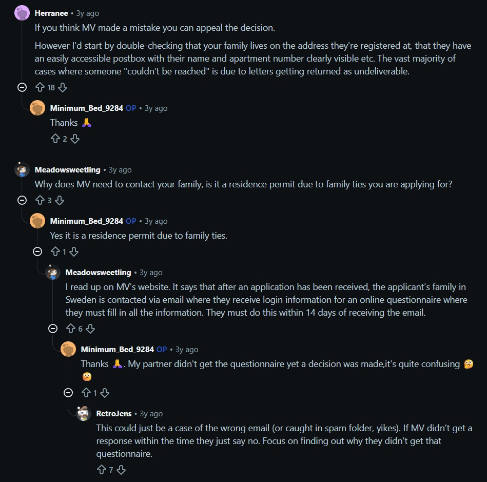 Reddit discussion on family permit rejections