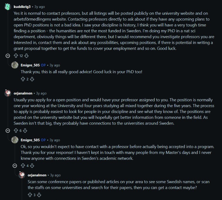 Reddit discussions about PhD positions and research careers in Sweden
