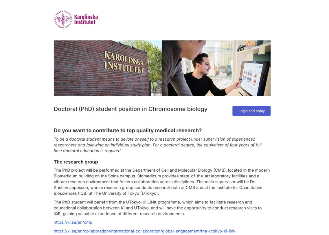 Smc5/6 chromosome folding PhD vacancy Karolinska