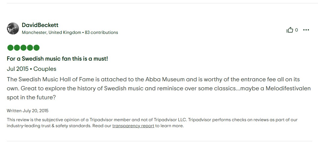 Swedish Music Hall of Fame TripAdvisor testimonial