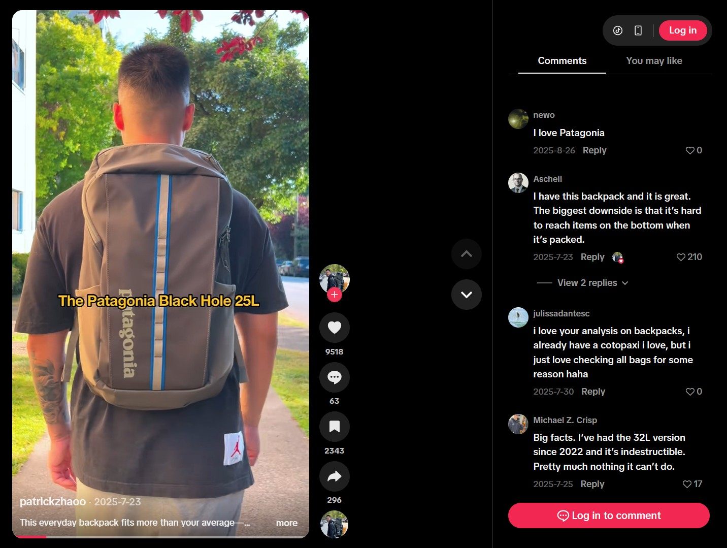 TikTok comment about Patagonia Black Hole Pack 25L