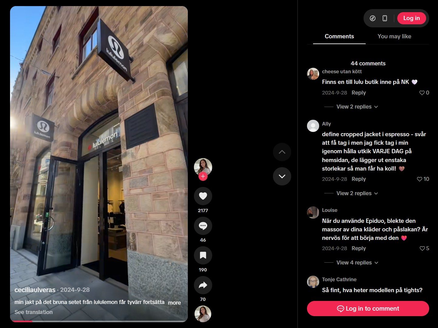 TikTok comment about Lululemon Stockholm