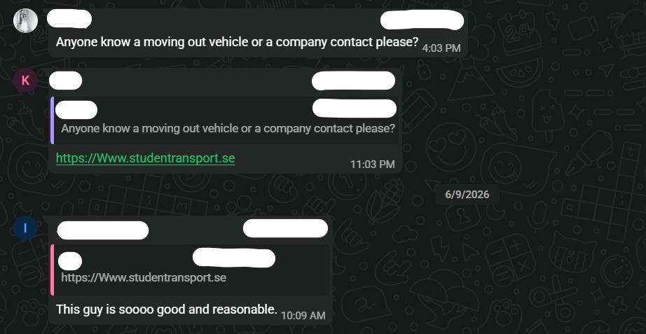 WhatsApp community comment on Student Transport in Stockholm