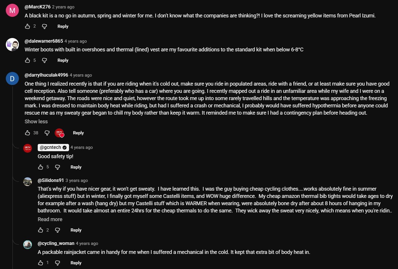 YouTube comment on what gear works for winter cycling