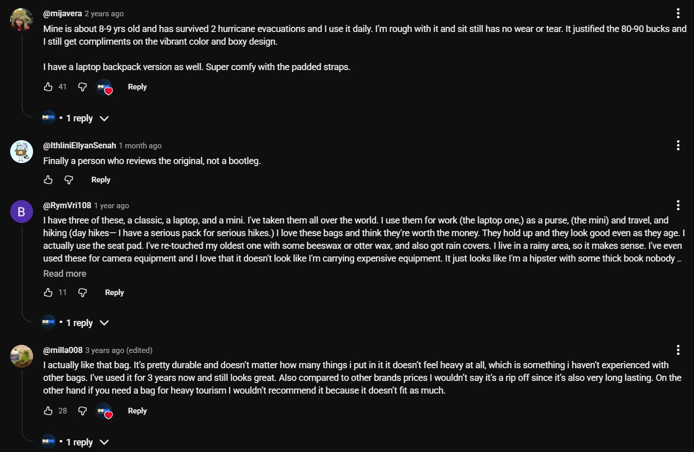 YouTube comment about Fjällräven Kånken Classic