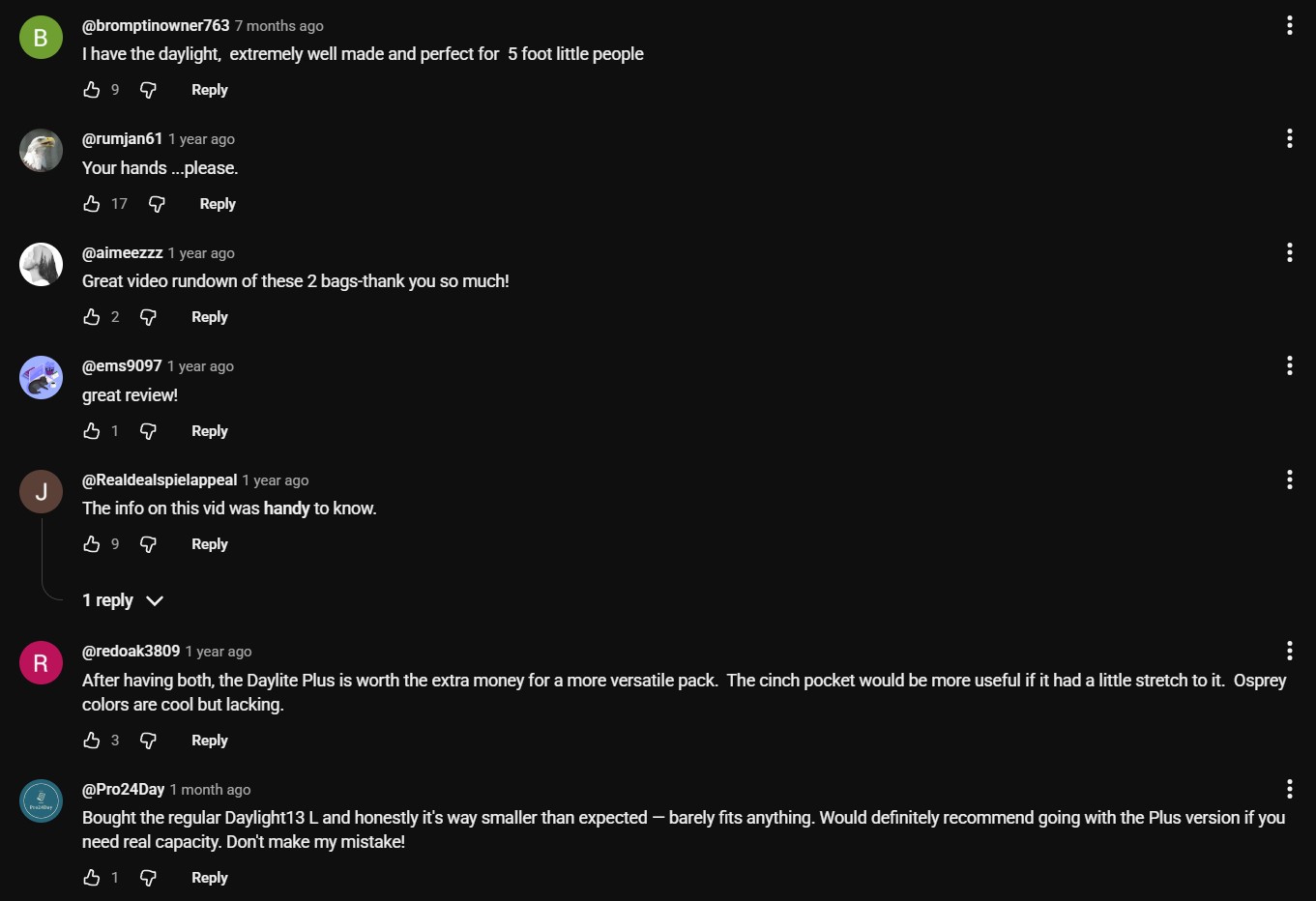 YouTube comment about Osprey Daylite and Daylite Plus