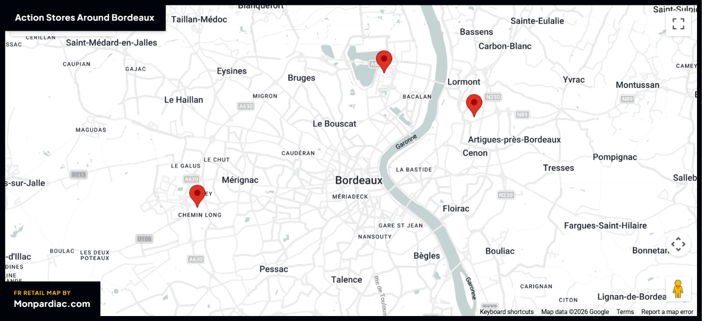 Plan des magasins Action à Bordeaux