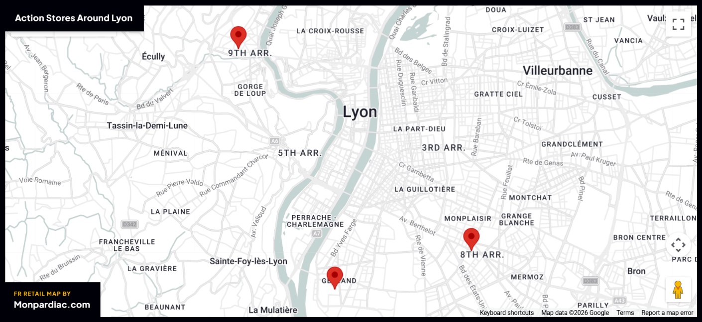 Plan des magasins Action à Lyon