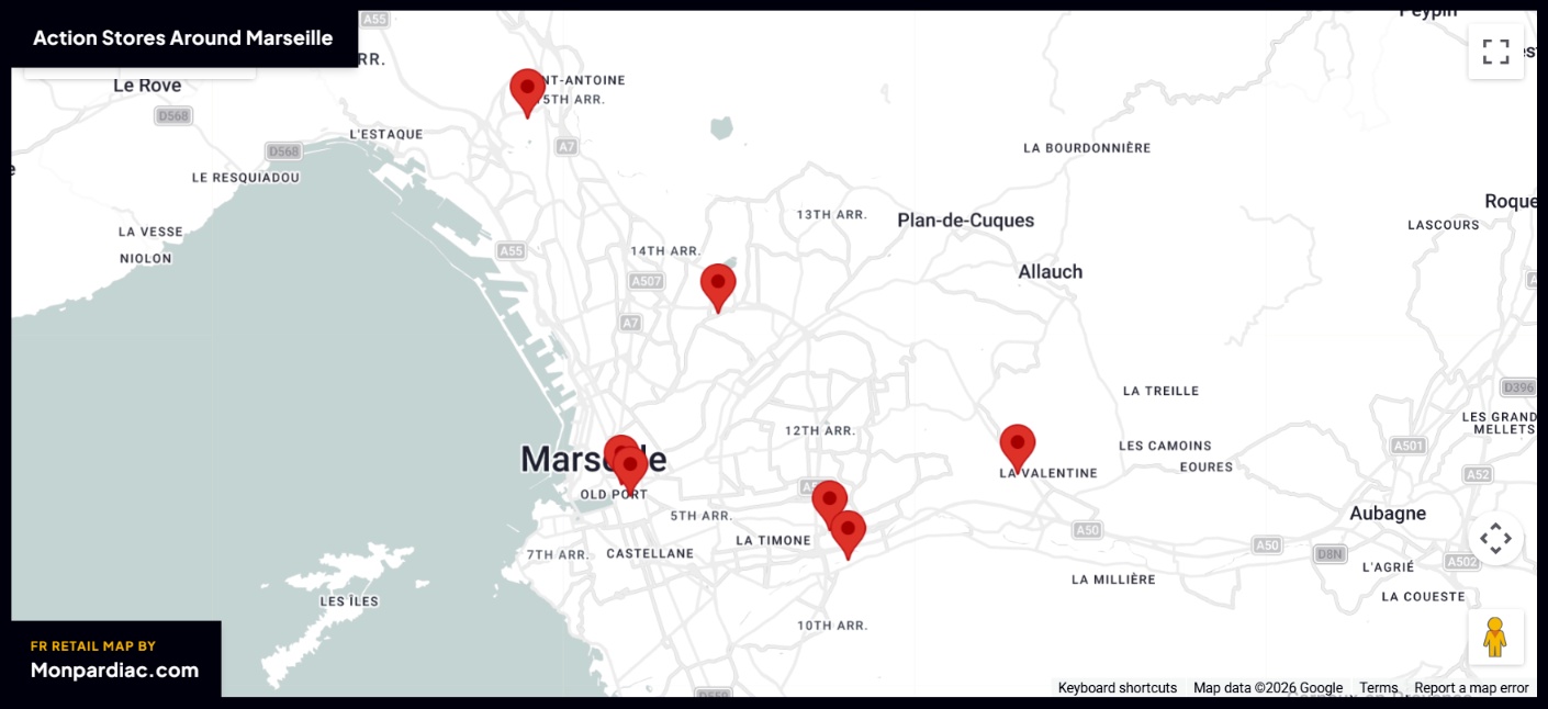 Plan des magasins Action à Marseille