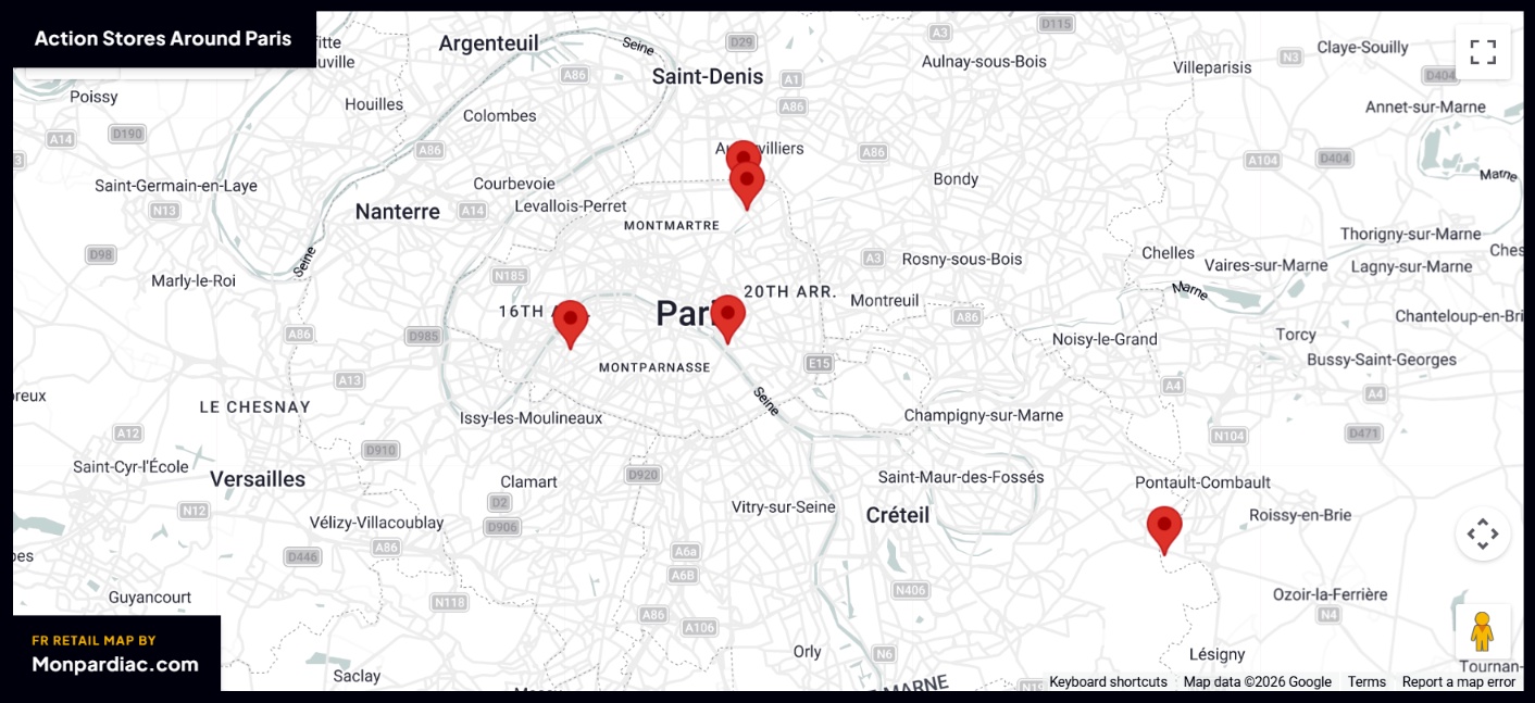 Plan des magasins Action à Paris