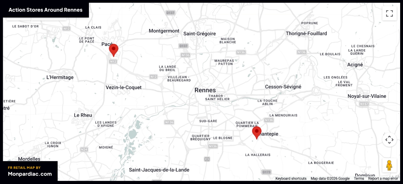 Plan des magasins Action à Rennes