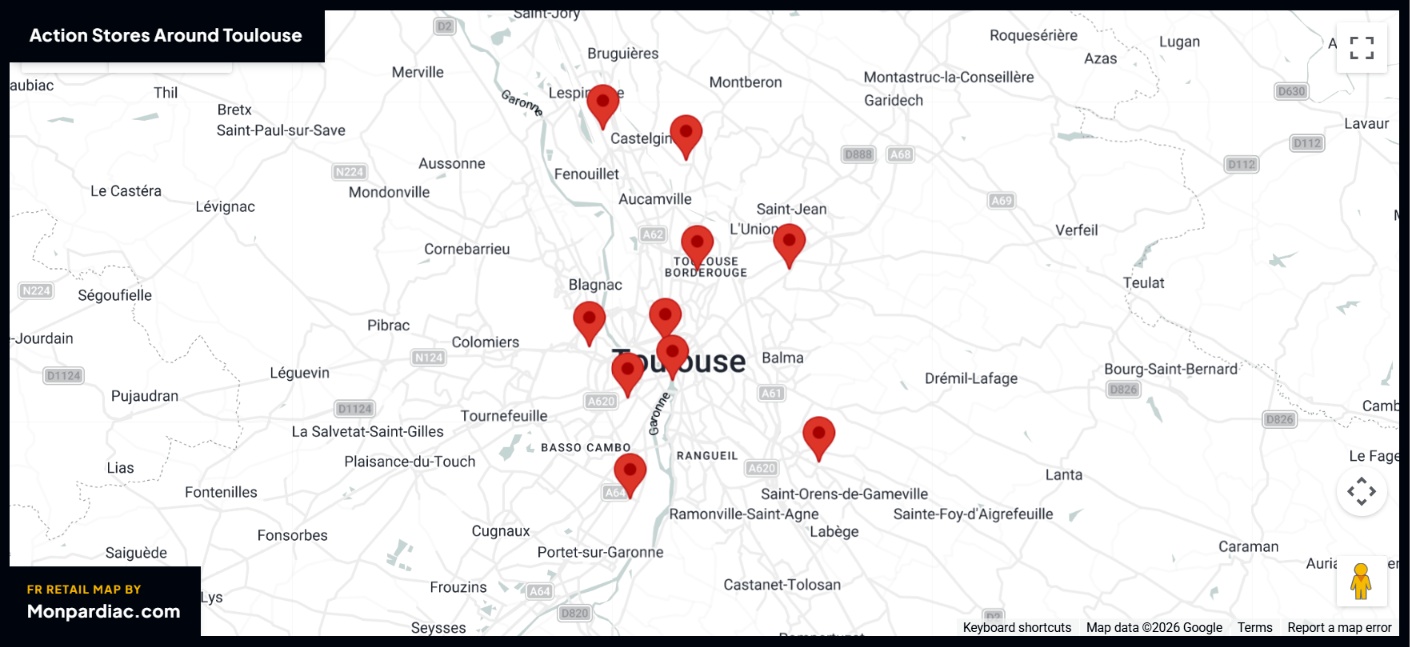 Plan des magasins Action à Toulouse