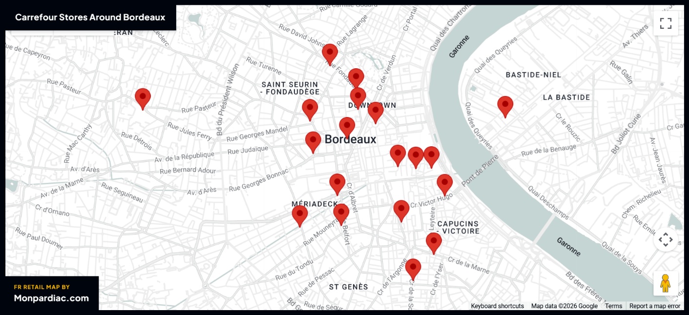 Plan des magasins Carrefour à Bordeaux