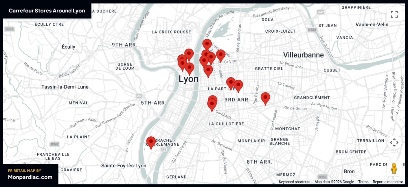 Plan des magasins Carrefour à Lyon