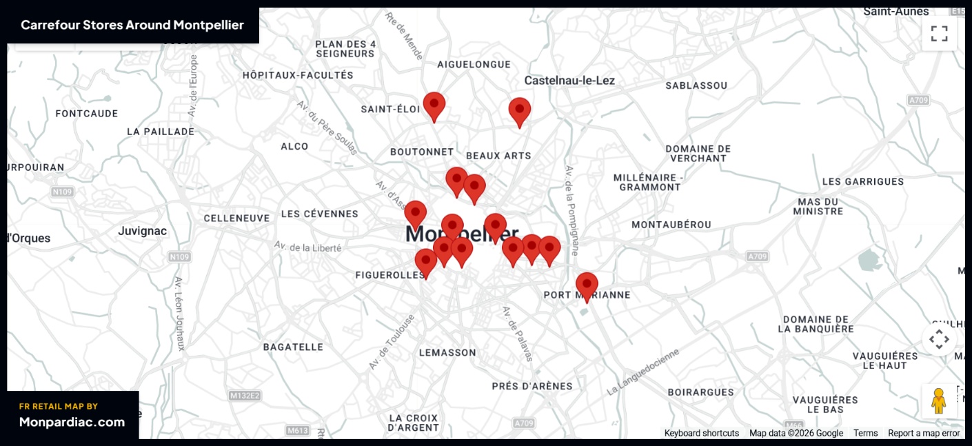 Plan des magasins Carrefour à Montpellier