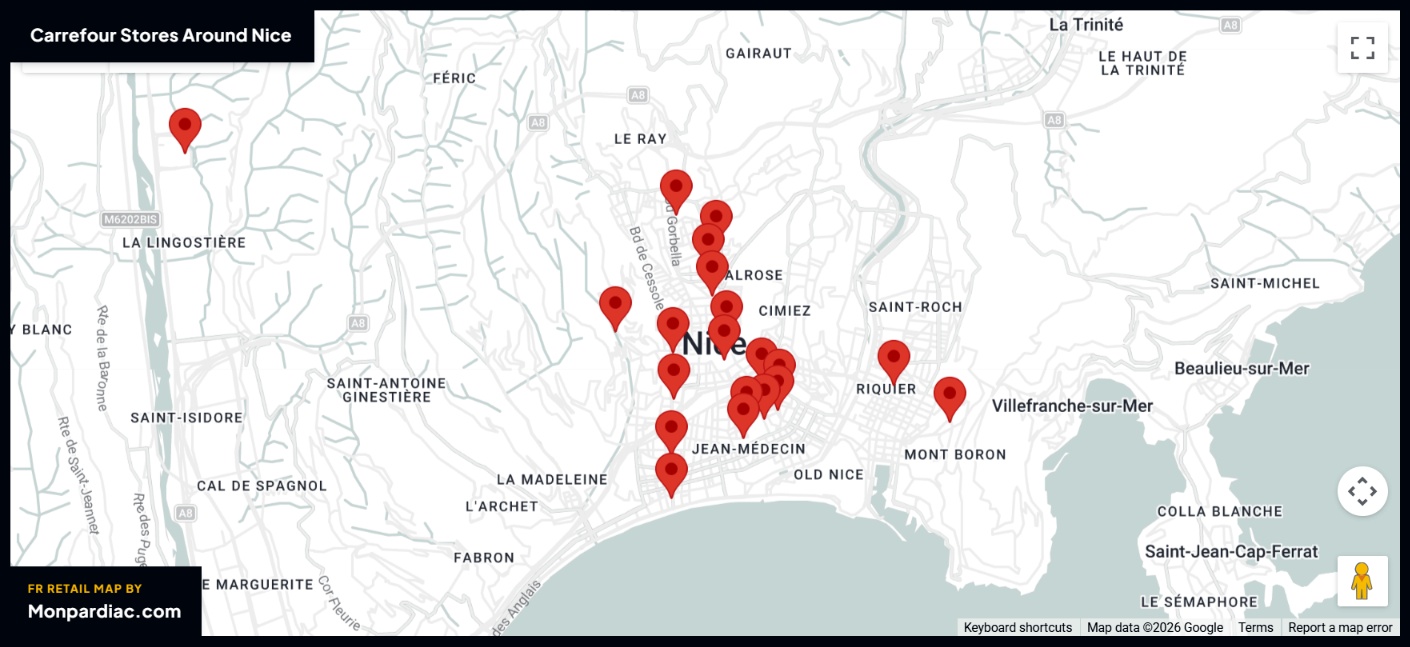 Plan des magasins Carrefour à Nice
