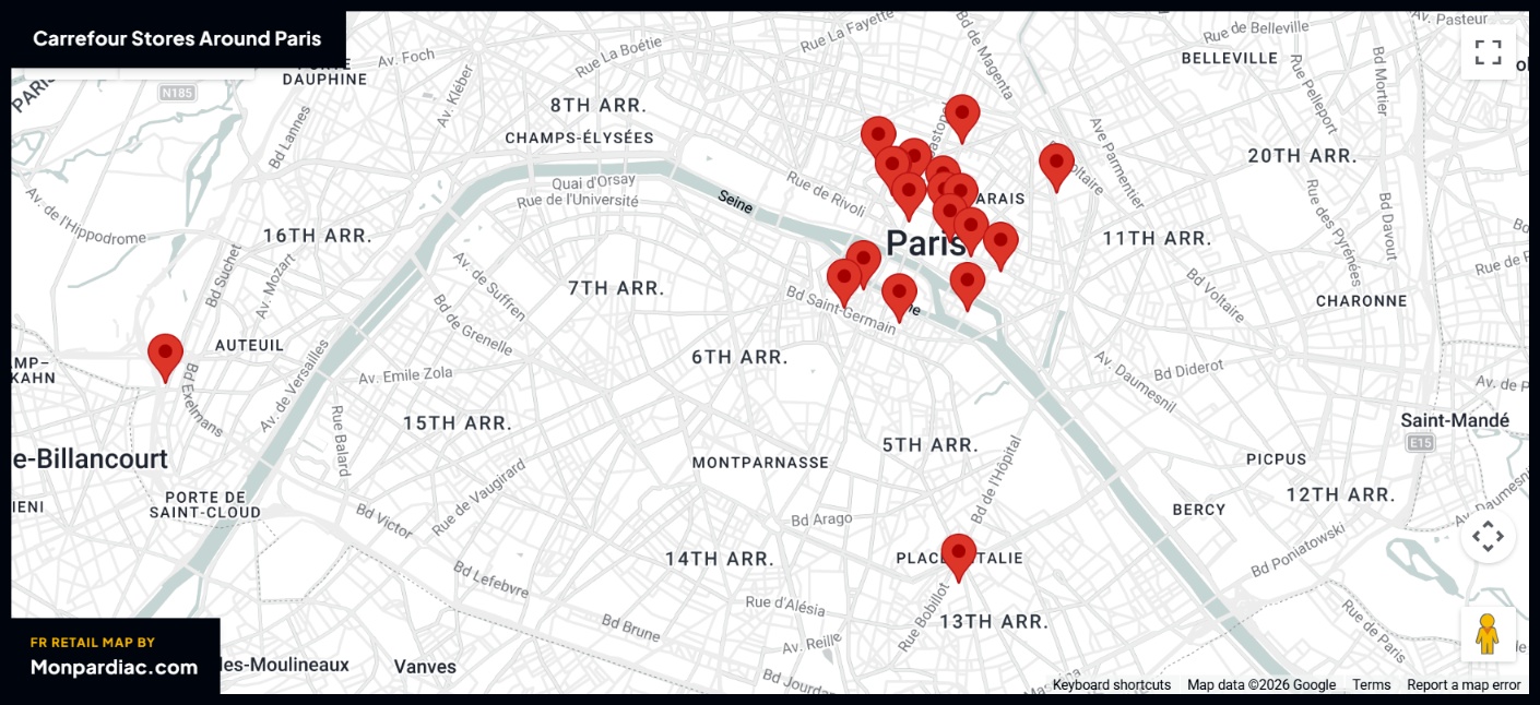 Plan des magasins Carrefour à Paris