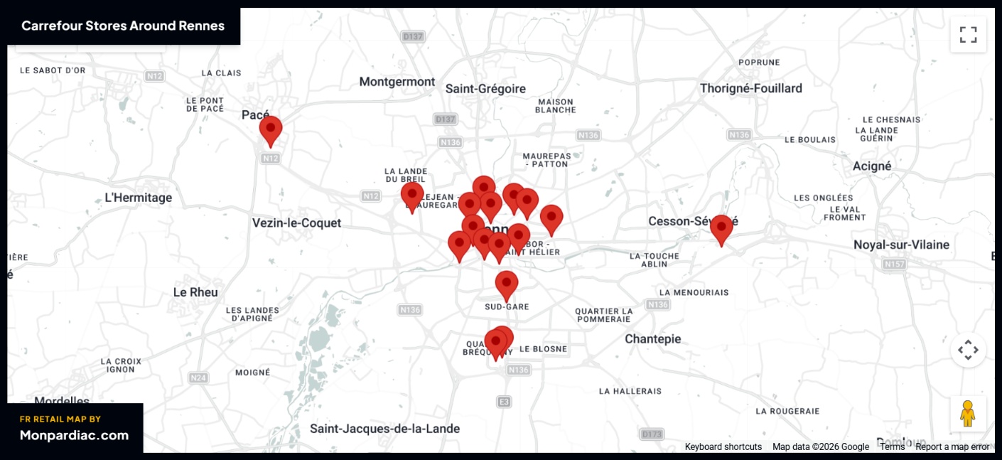 Plan des magasins Carrefour à Rennes