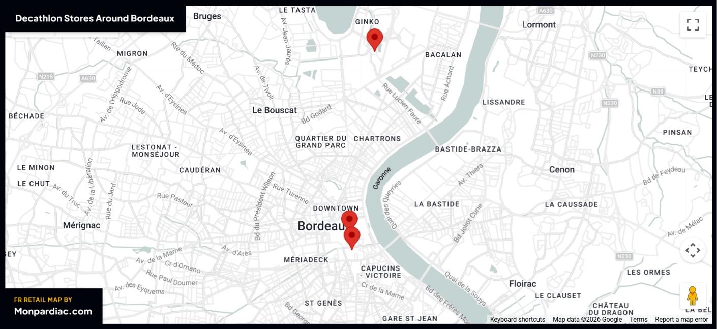 Plan des magasins Decathlon à Bordeaux