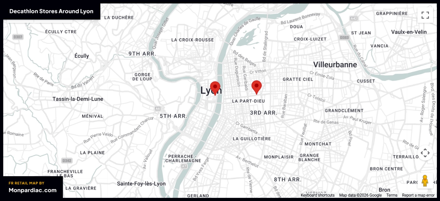 Plan des magasins Decathlon à Lyon