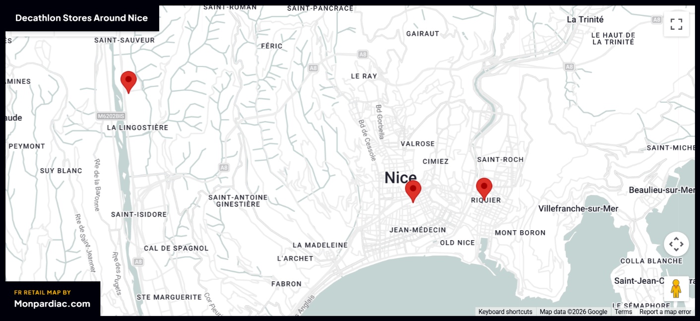 Plan des magasins Decathlon à Nice